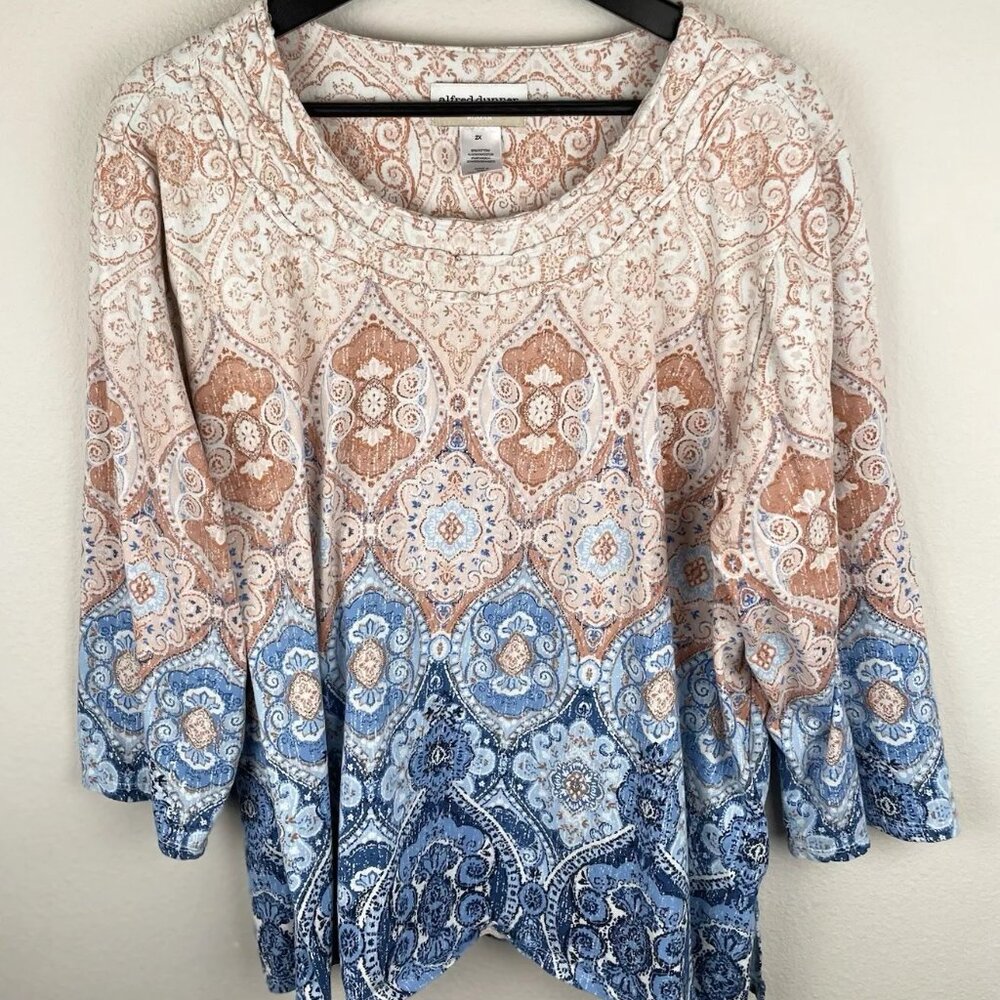 Alfred Dunner Top Womens Size 2X Pink Blue 3/4 Sleeve Artsy Geometric Career